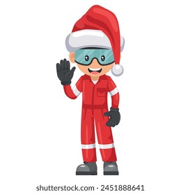 Industrial mechanical worker with Santa Claus hat saluting. Merry christmas. Express an idea in a presentation. Safety first. Industrial safety and occupational health at work
