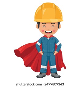 Industrial mechanical worker wearing his superhero cape. Supervisor engineer with his coverall and personal protective equipment. Safety first. Industrial safety and occupational health at work