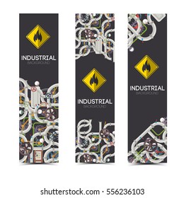 Industrial mechanisms vertical banners with text steel pipes valves chain gears tubes pressure meters isolated vector illustration