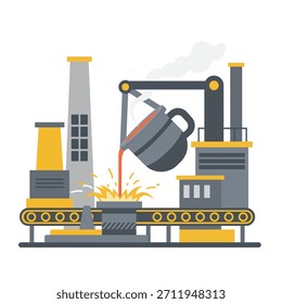 Proceso de fundición de metal de Industrial con vertido de acero fundido en la línea de producción de la fábrica, concepto de fabricación para la industria pesada y el procesamiento de acero