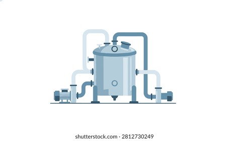 Industrial metal fermentation tank connected to pipes and pumps in a processing plant environment.