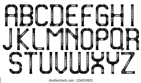 Industrial metal pipe alphabet letters, vector.