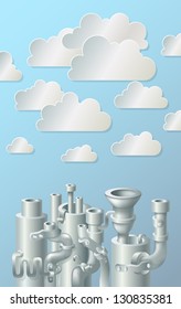 Industrial metal pipe stack with white paper cloud  on  blue background, ecology concept, clean energy, eps10