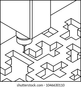 industrial metal-cutting process by cutting a milling cutter. linear Illustration of computer numerical control (CNC) in isometric style on a white background