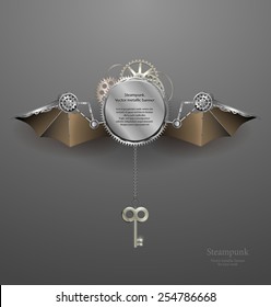 industrial metallic banner with wings and key. steampunk style. vector illustration