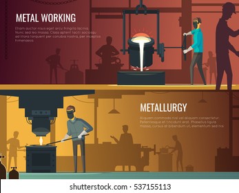 Industrial metalworking 2 Flat retro horizontal banners with melting casting and welding metallurgy process isolated vector illustration 