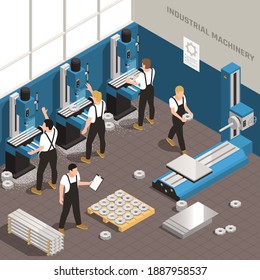 Industrial metalworking facility manufacturing process isometric composition with workers using milling drilling cutting machinery vector illustration