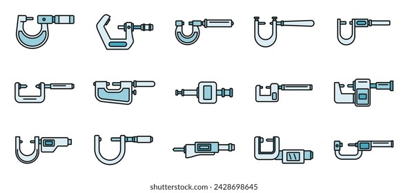 Industrial micrometer icons set outline vector. Engineering equipment. Construction instrument