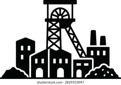 Industrial mining headframe and factory vector silhouette isolated on white background