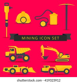 Industrial mining icon set. Heavy industry symbols. Construction transportation vehicles and worker equipment stuff.