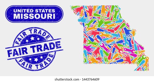 Industrial Missouri State Map And Blue Fair Trade Scratched Watermark. Bright Vector Missouri State Map Mosaic Of Industrial Components. Blue Round Fair Trade Seal.