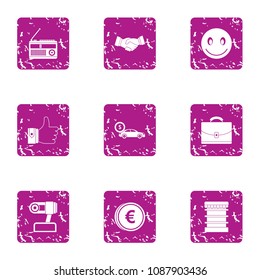 Industrial money icons set. Grunge set of 9 industrial money vector icons for web isolated on white background