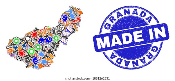 Industrial mosaic Granada Province map and MADE IN distress stamp. Granada Province map mosaic formed with spanners,wheels, tools,components,transports,electricity strikes,rockets.