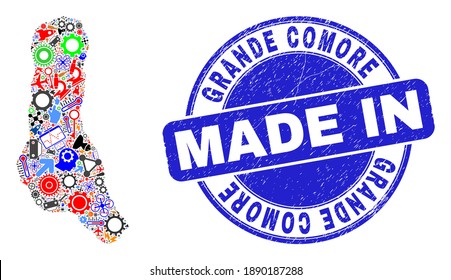 Industrial mosaic Grande Comore Island map and MADE IN textured rubber stamp. Grande Comore Island map mosaic designed with wrenches, gearwheels,screwdrivers,elements,transports,electricity strikes,