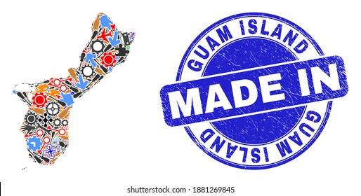 Industrial mosaic Guam Island map and MADE IN textured watermark. Guam Island map mosaic formed from spanners,cogs,screwdrivers,,keys,vehicles,electricity sparks,details.