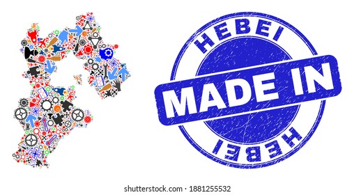 Industrial mosaic Hebei Province map and MADE IN scratched rubber stamp. Hebei Province map mosaic created with spanners,wheels,screwdrivers,,keys,transports, electric strikes,bugs.