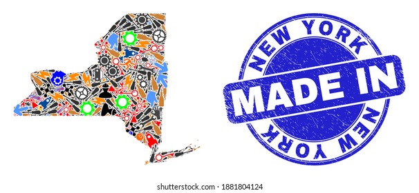 Industrial mosaic New York State map and MADE IN scratched stamp. New York State map mosaic designed with spanners,cogs, tools,items,vehicles, electric strikes,bugs.