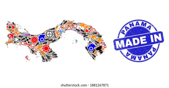 Industrial mosaic Panama map and MADE IN textured seal. Panama map mosaic designed from spanners,wheel,instruments,elements,cars,electricity strikes,rockets.