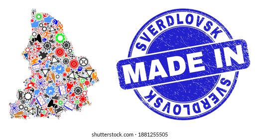 Industrial mosaic Sverdlovsk Region map and MADE IN distress rubber stamp. Sverdlovsk Region map mosaic designed with wrenches,wheel,screwdrivers,,keys,airplanes,aircrafts,air planes,aviation symbols,