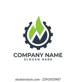 Industrial N lettermark with gear and flame, representing industrial energy, innovation, and nature. Ideal for energy companies, tech startups, or industrial brands and green representing sustainable