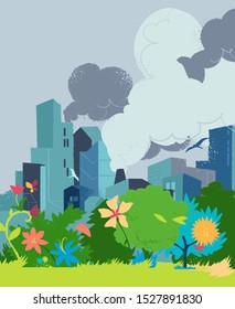 Industrial faсtories and nature in a modern city. Human activity impact on life in big metropolis. Vector illustration