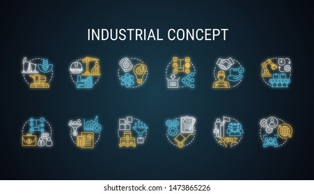 Industrial neon light concept icons set. Economy segment idea. Primary, secondary industry. Products manufacturing. Glowing sign with alphabet, numbers and symbols. Vector isolated illustration