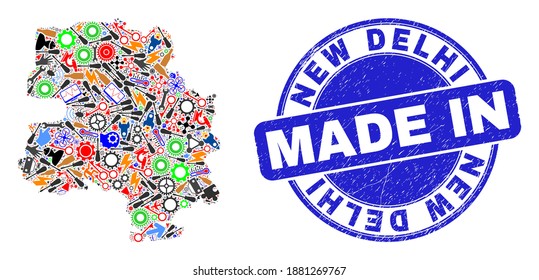 Industrial New Delhi City map mosaic and MADE IN distress stamp seal. New Delhi City map collage designed with spanners,cogs,instruments,components,cars,power sparks,details.