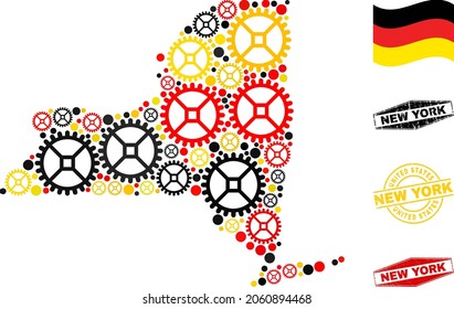 Industrial New York State map collage and seals. Vector collage is designed with workshop elements in different sizes, and German flag official colors - red, yellow, black.