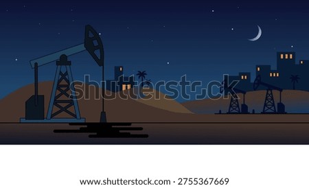 Industrial night scene with oil pump jacks in a desert landscape under a crescent moon. Vector illustration for energy and industry themes.