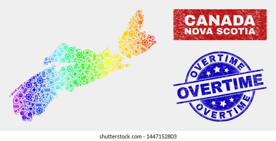 Industrial Nova Scotia Province map and blue Overtime distress watermark. Spectral gradient vector Nova Scotia Province map mosaic of industrial components. Blue round Overtime stamp.