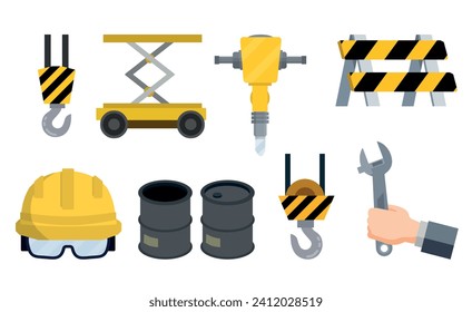 Industrial object - Yellow helmet worker, Safety glasses Builder. Cartoon flat illustration. Repair and engineering works. Clothing for safety of production. Industrial object