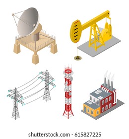 Industrial Objects Set - Factory Building, Tower Mobile Phone, Satellite Dish Antenna Or Radar, High Voltage Power Pylon And Oil Pump Energy Isometric View For Web, App And Game . Vector Illustration