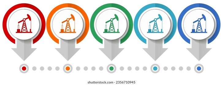 Industrial, oil pump vector icon set, flat design infographic template, set pointer concept icons in 5 color options for webdesign and mobile applications