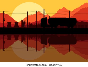 Industrial oil refinery factory and gasoline truck cistern silhouettes landscape background illustration vector