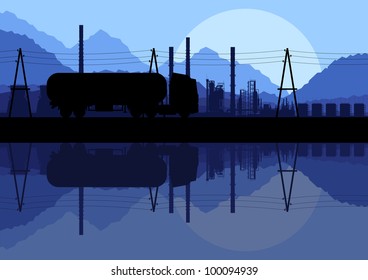 Industrial oil refinery factory and gasoline truck cistern silhouettes landscape background illustration vector