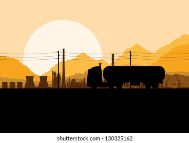 Industrial oil refinery factory and gasoline truck cistern tank landscape background illustration vector