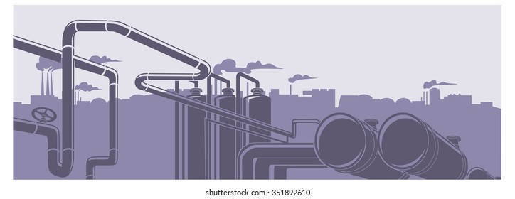 Industrial oil refinery factory landscape illustration background vector