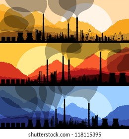 Industrial oil refinery factory lin mountain nature landscape illustration collection background vector