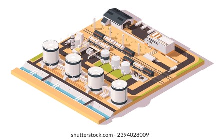 Terminal de petróleo industrial. Ferrocarril con vagón, tren. Almacenamiento de combustible, transporte logístico, transporte de petróleo y entrega. Contenedor de la torre. Negocios de GNL. Isometric vector ilustración