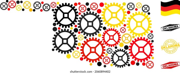 Industrial Oklahoma State map collage and stamps. Vector collage designed of clock gear icons in different sizes, and German flag official colors - red, yellow, black.