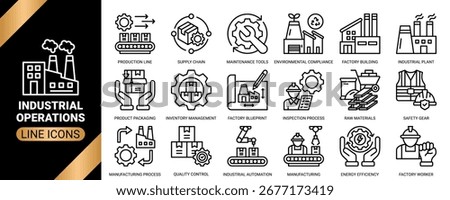 Industrial operations icon set collection in outline style. an icon pack containing icons of factory building, industrial automation, production line, safety gear, quality control and more.