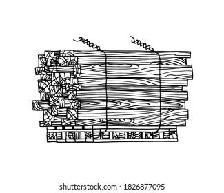 industrial pack of wooden boards on pallet, commercial goods, logistic, cargo transportation, vector illustration with black lines isolated on a white background in a doodle & hand drawn style