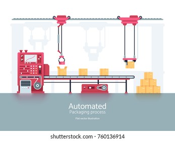 Industrial packaging machine with conveyor production line vector illustration. Conveyor machine for factory and industry manufacturing