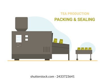 Industrial packing and sealing of tea. Natural tea production, tea factory cartoon vector illustration