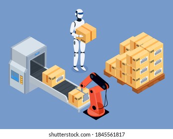 Industrial packing system process template with robotic arm and loader working on automated conveyor belt. White robot in human body holding cardboard box, cargo movement futuristic concept