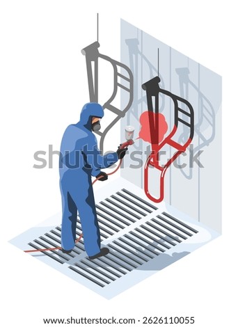 Industrial painter in protective suit spraying red paint on metal parts inside a controlled coating booth to meet manufacturing quality standards isometric cartoon