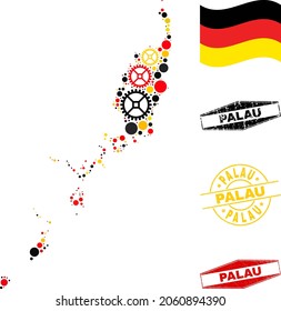 Industrial Palau map collage and stamps. Vector collage is composed with clock gear icons in different sizes, and Germany flag official colors - red, yellow, black.