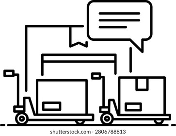 Industrial pallet jack transporting boxed cargo with communication speech bubble conveyor boxes