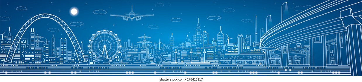 Industrial panorama, technology landscape, infrastructure scene, night city, vector design art