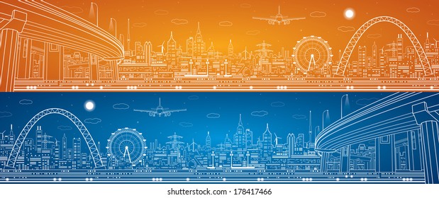 Industrial panorama, technology landscape, infrastructure illustration, day and night city